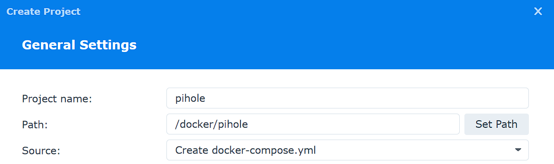 creating a new project in container manager.