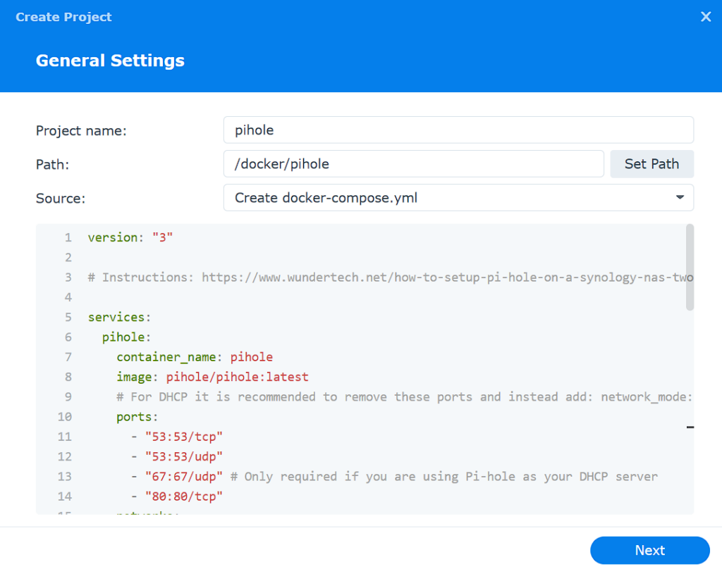 pi-hole on a synology nas setup example