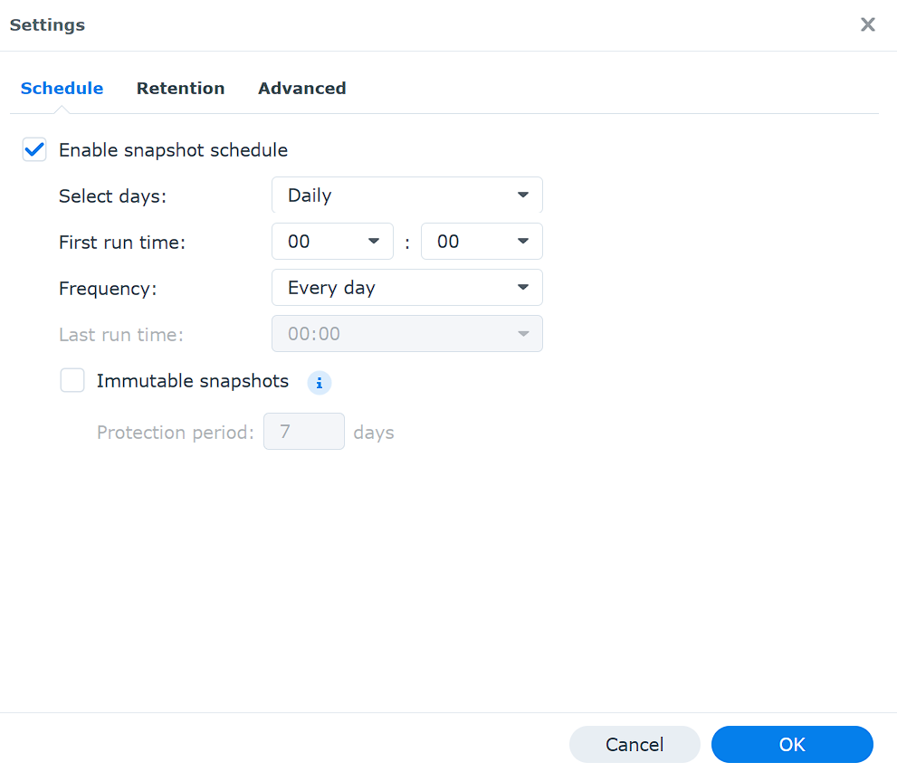 snapshot configuration on a synology nas.