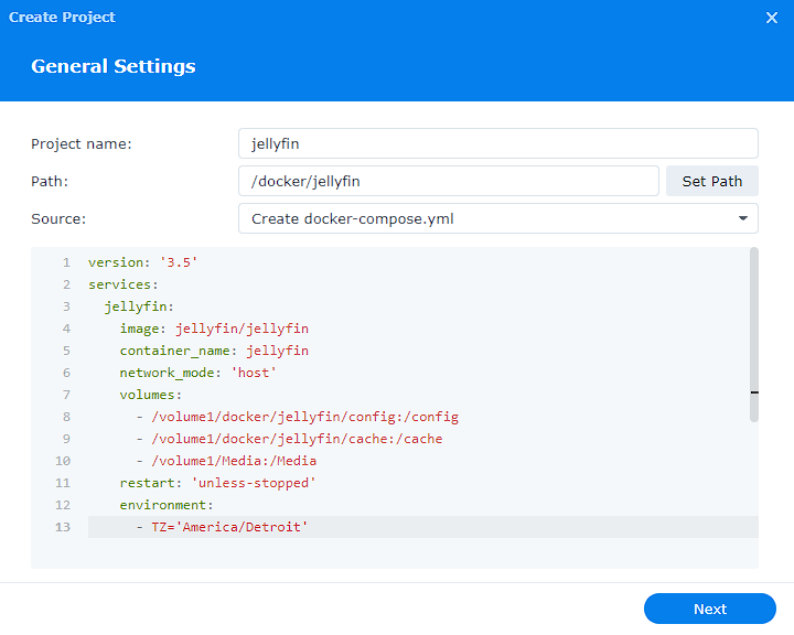 docker compose for jellyfin in container manager.