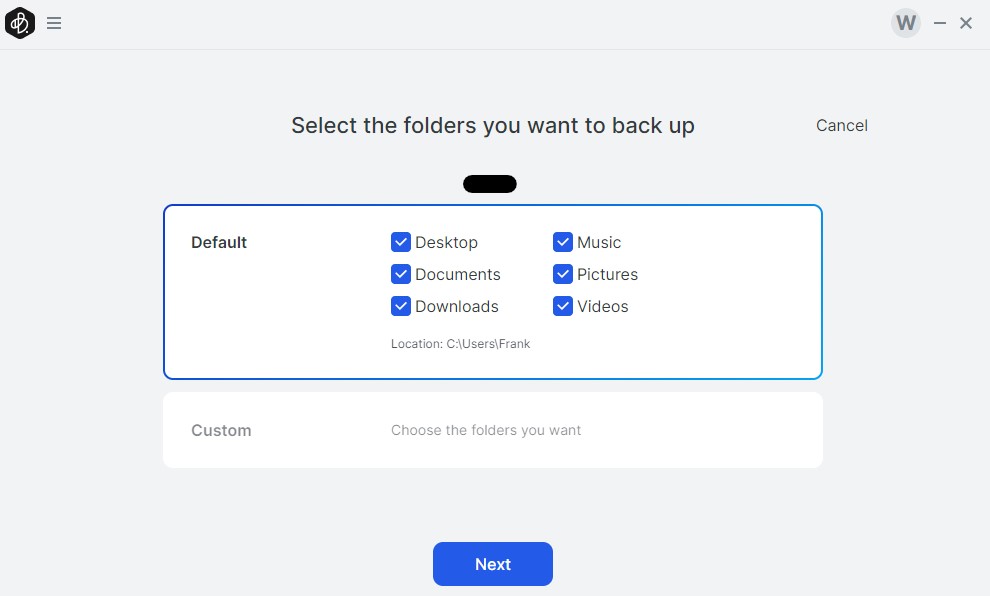 selecting the folders to back up.