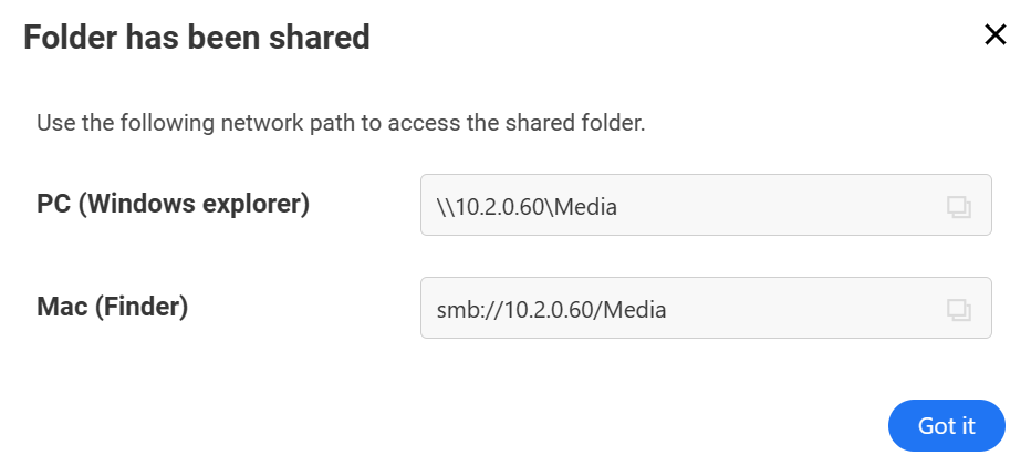 confirming the shared folder path. 