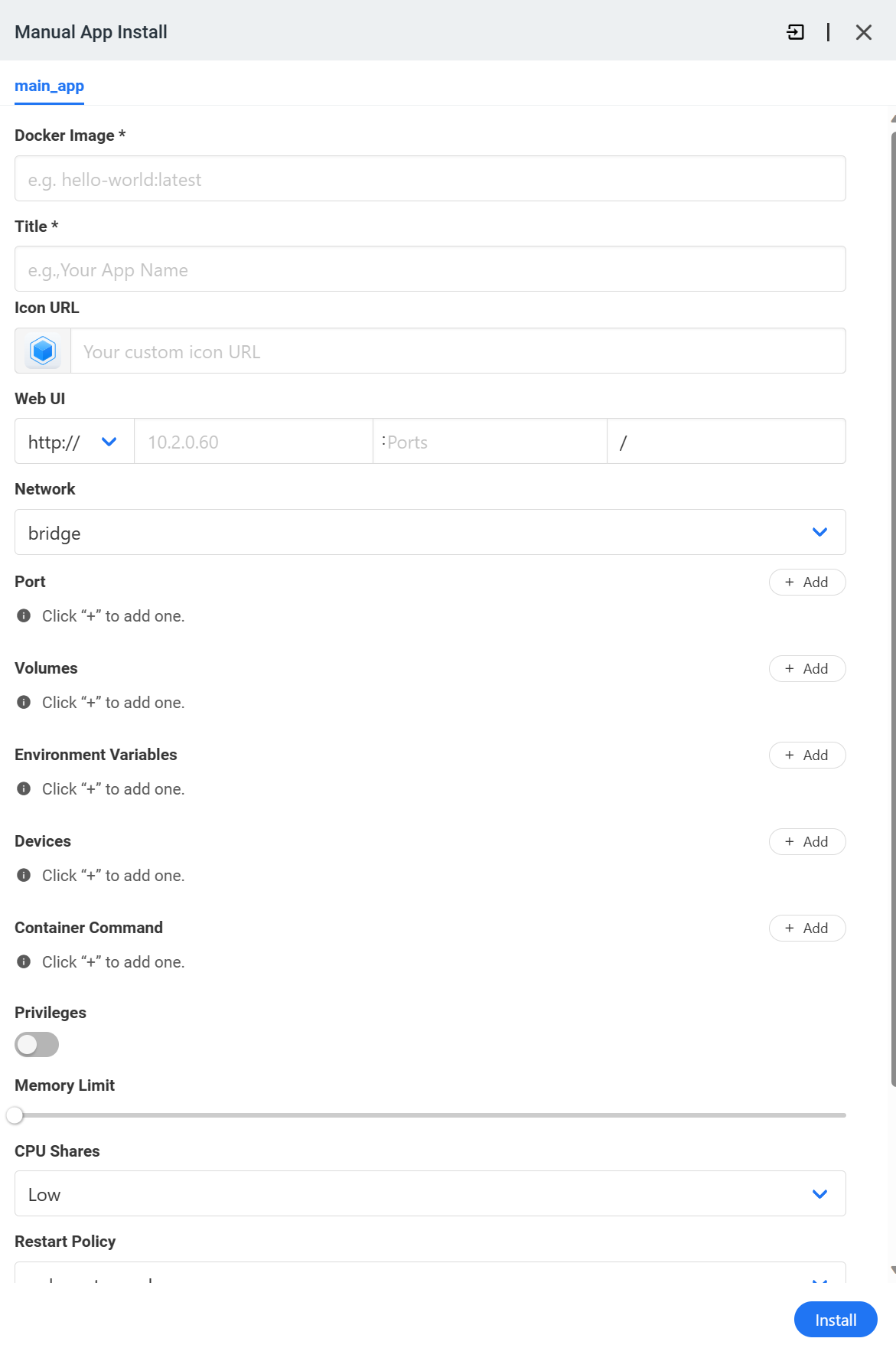 docker container settings.