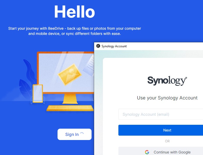 signing in with a synology account.