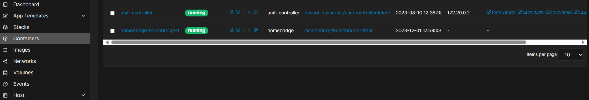 viewing the portainer container for homebridge.