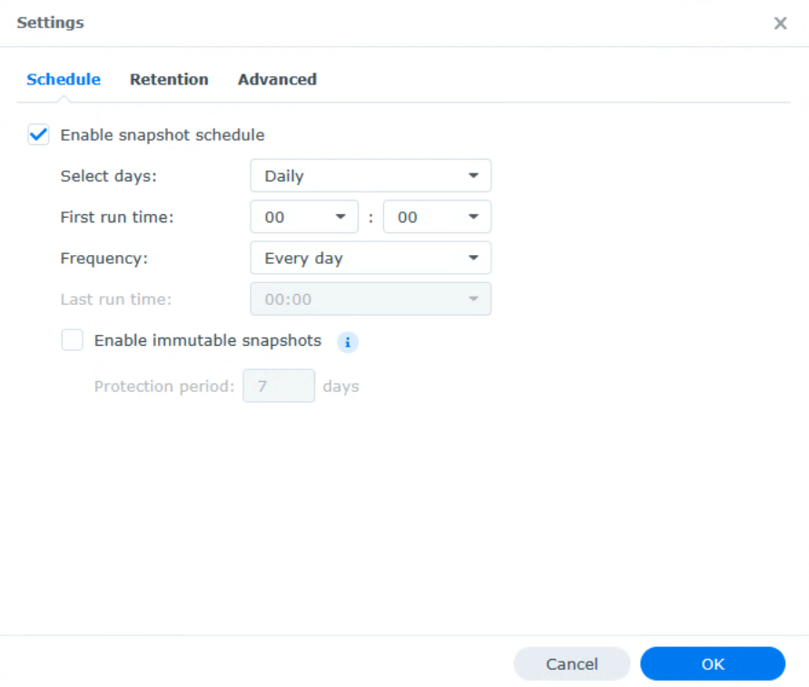 snapshot schedule and immutable snapshots.