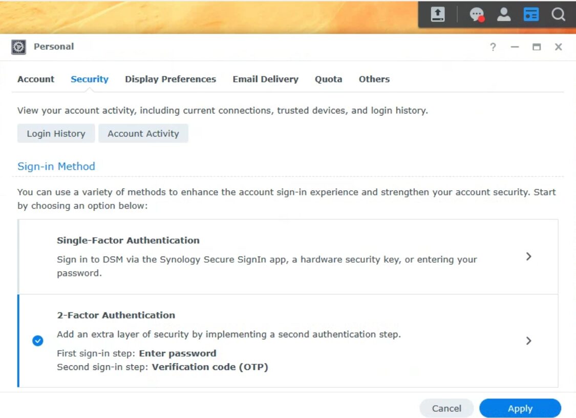 configuring two factor authentication on a synology nas.