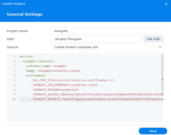 docker compose file in synology dsm to configure twingate on a synology nas.