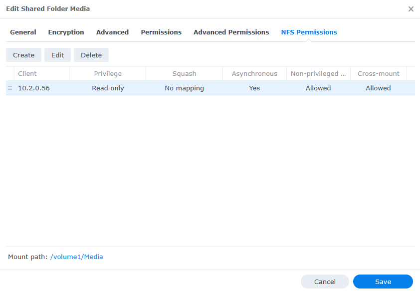 NFS permissions in Synology DSM.