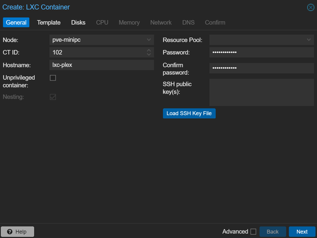 configuring the basic setup for the container for Plex on Proxmox.