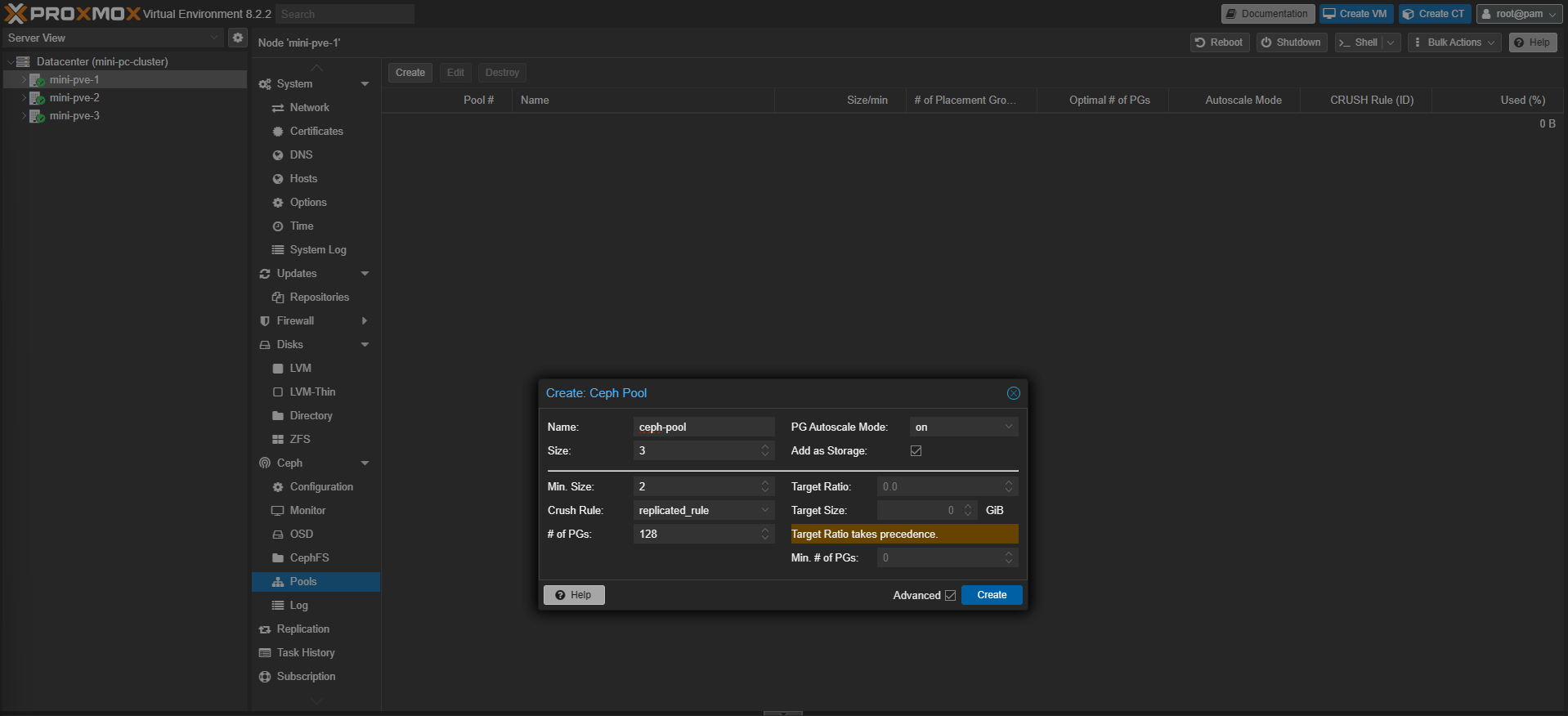creating the ceph storage on proxmox.