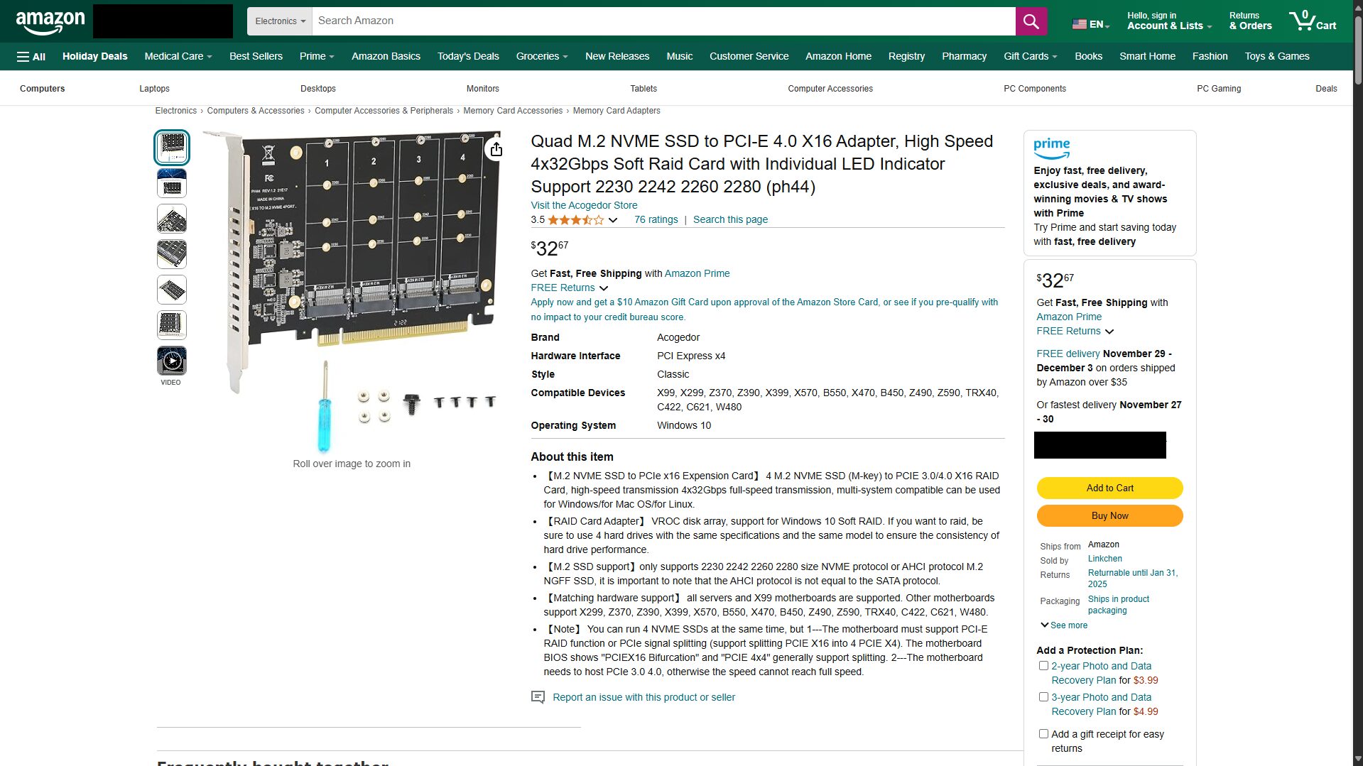PCIe Bifurcation card for four NVMe SSDs. 
