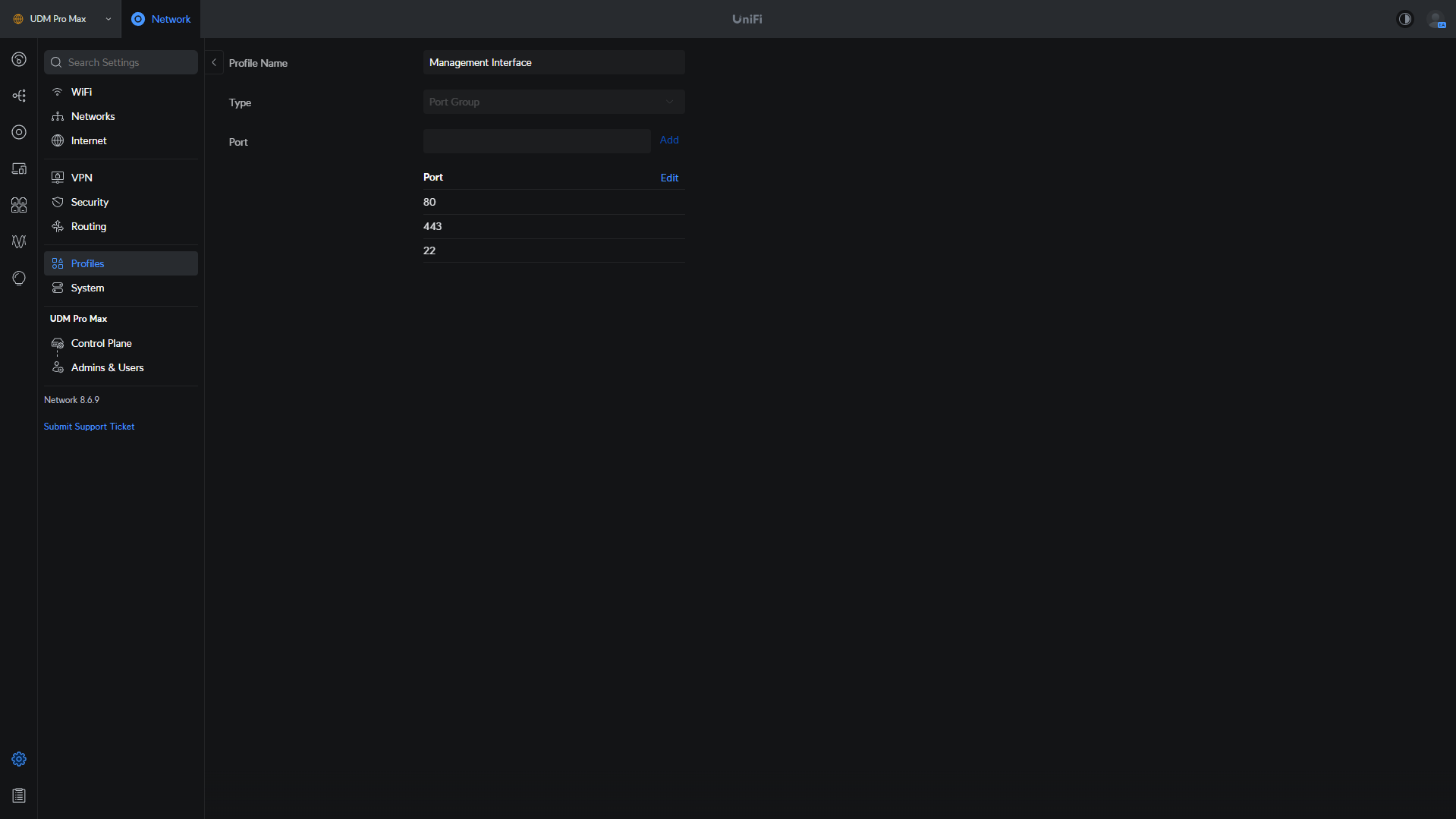 Example Port Profile for the management interface.