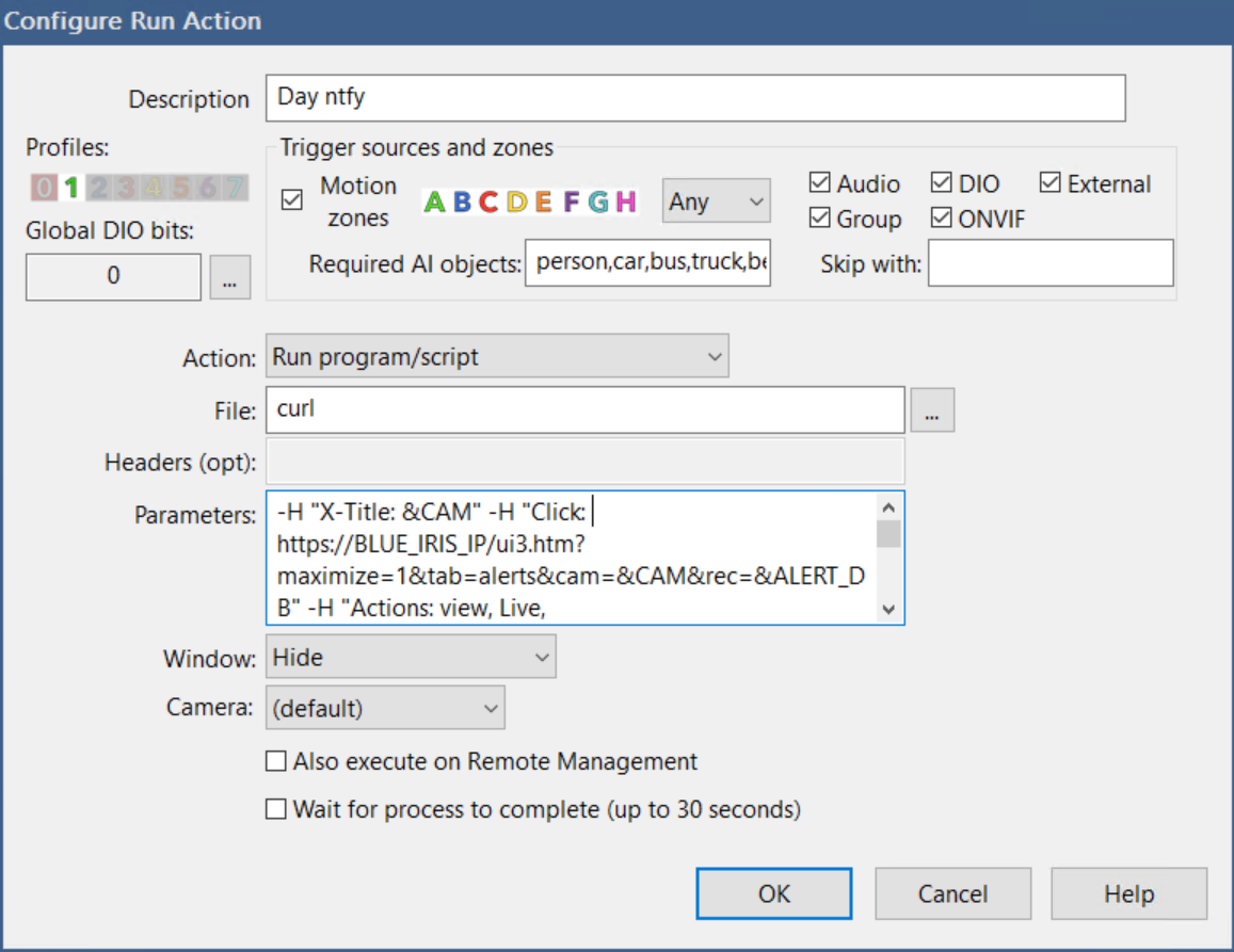 configuring an alert in blue iris