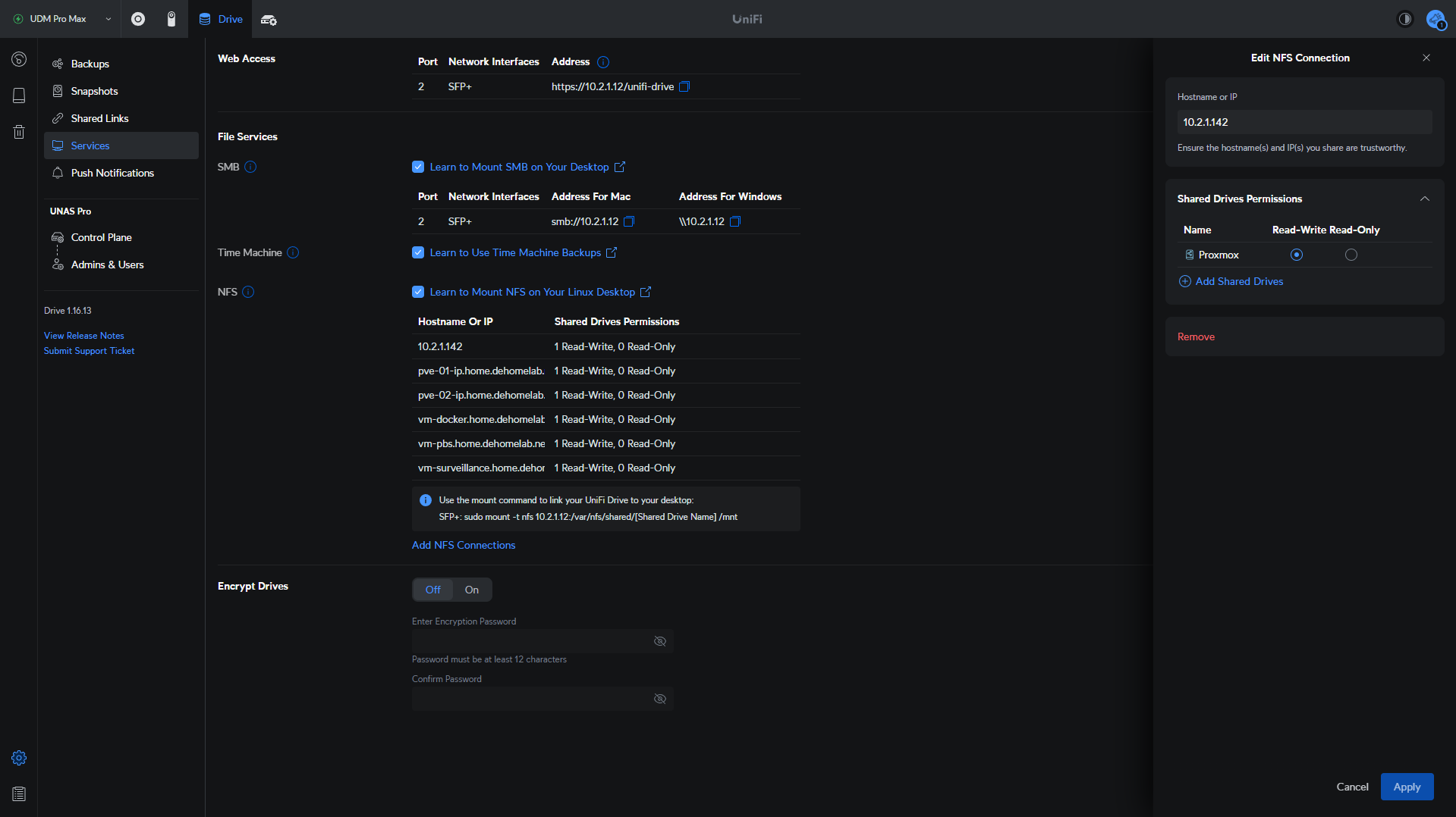 creating an NFS share on a UNAS Pro.