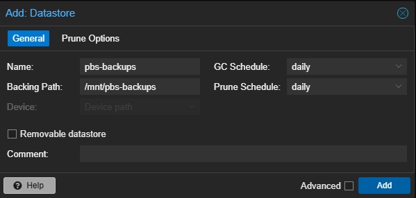 adding a datastore in PBS.
