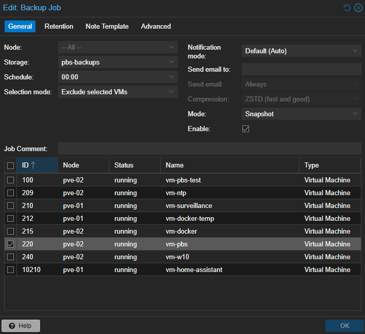 backup settings for PBS.
