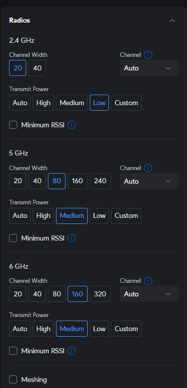 channel, channel width, and transmit power settings