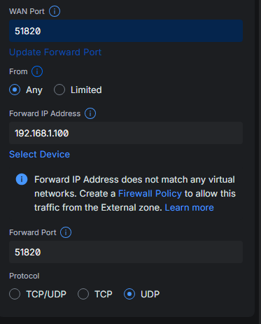 Port forwarding UDP 51820 to the Raspberry Pi WireGuard server