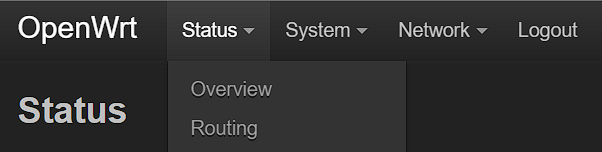 OpenWrt LuCI interface displaying the top navigation menu bar.
