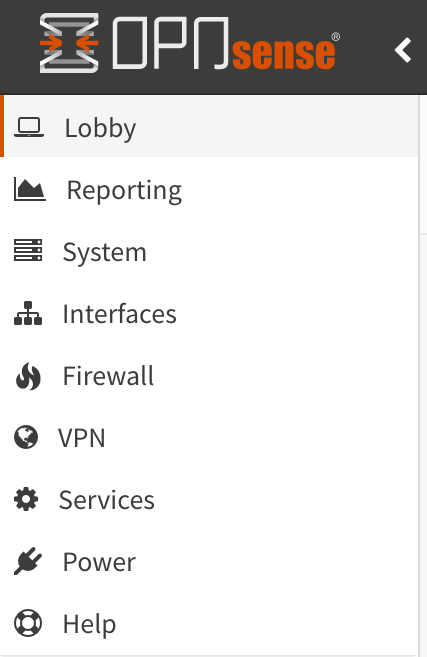 OPNsense left-side menu with expandable categories contrasted with OpenWrt's top navigation bar.