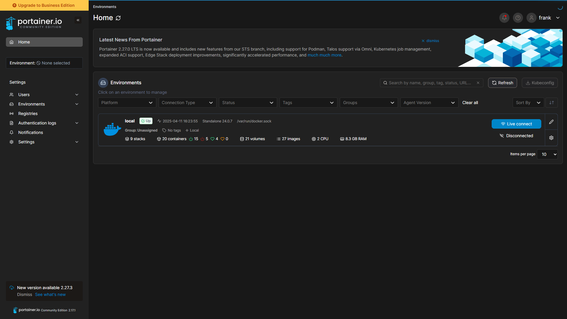 Portainer dashboard showing Docker containers managed on a Proxmox virtual machine
