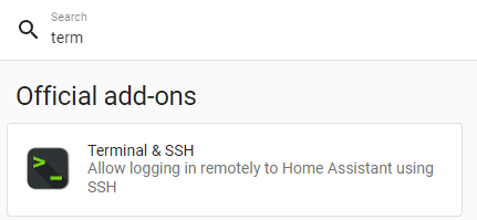 Selecting the Terminal & SSH add-on from the Home Assistant add-ons store.