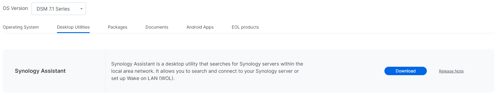 Synology Assistant download page on Synology's website