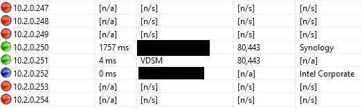 Angry IP Scanner list displaying online devices with the Synology NAS identified.
