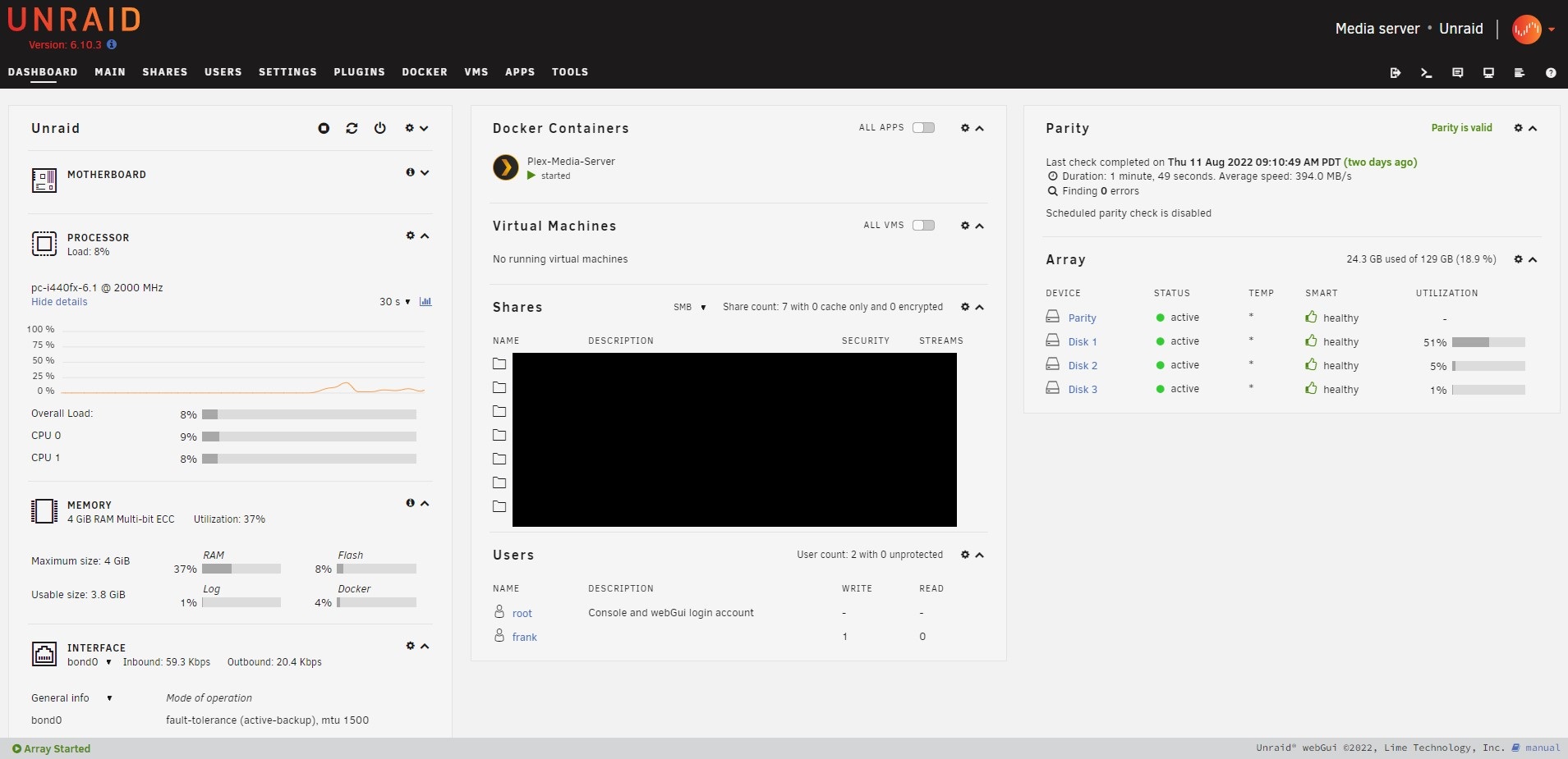 Unraid dashboard showing storage pools and services as a TrueNAS alternative.