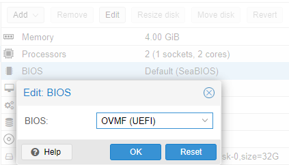 Changing the VM BIOS setting from SeaBIOS to OVMF (UEFI) in Proxmox.