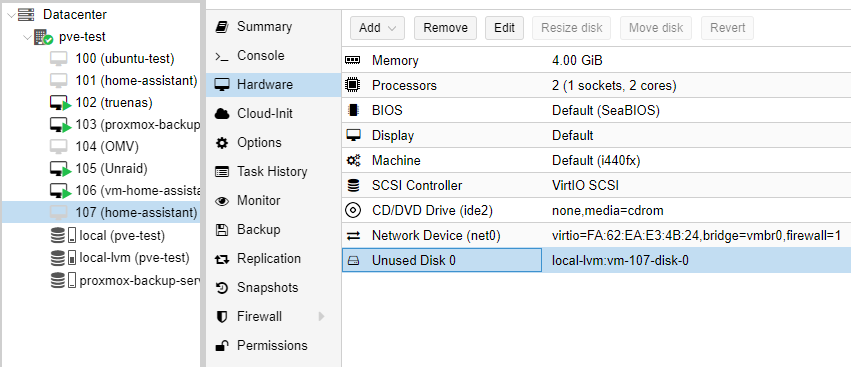 Editing the imported unused disk in Proxmox VM settings.