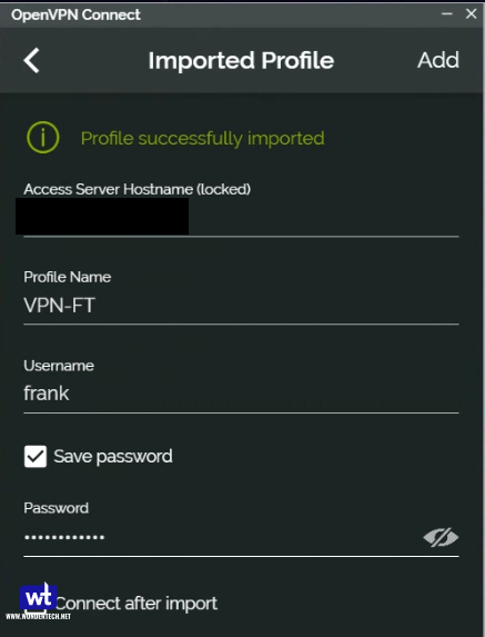 OpenVPN Android app displaying the imported .ovpn profile for a Synology NAS connection.