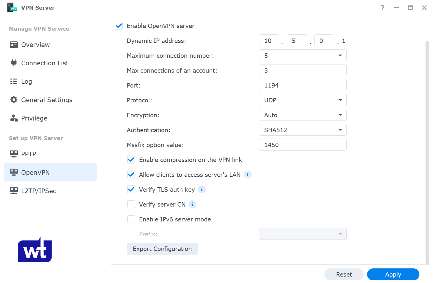 OpenVPN configuration screen in Synology VPN Server showing export options.