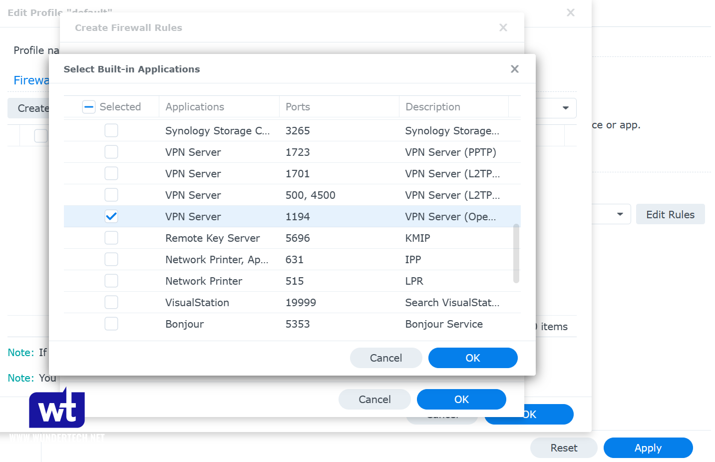Firewall rule allowing UDP port 1194 for OpenVPN on a Synology NAS.