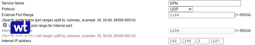 Port forwarding rule directing UDP port 1194 to the Synology NAS for OpenVPN.