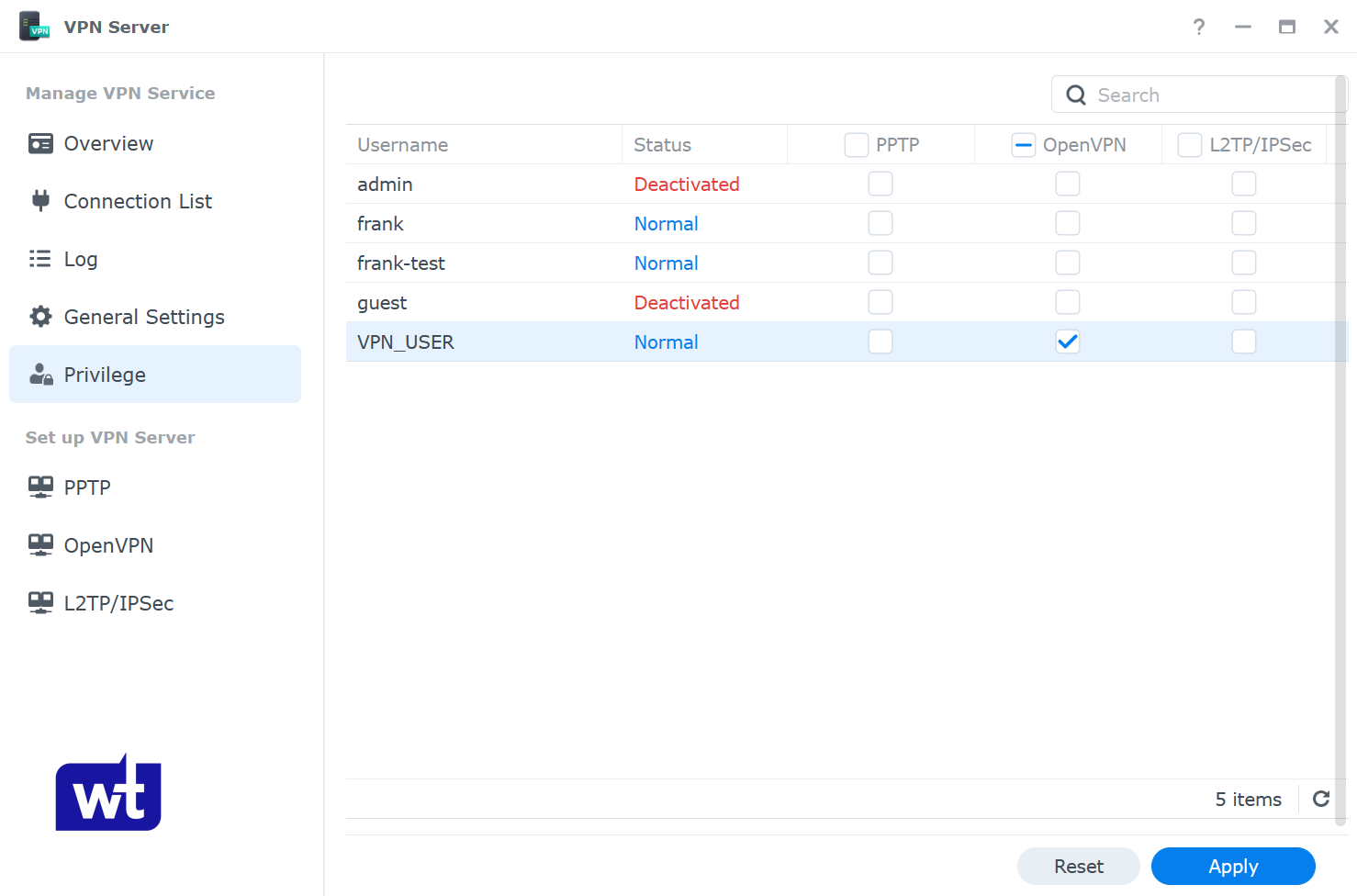 VPN server privileges screen showing user access settings on a Synology NAS.