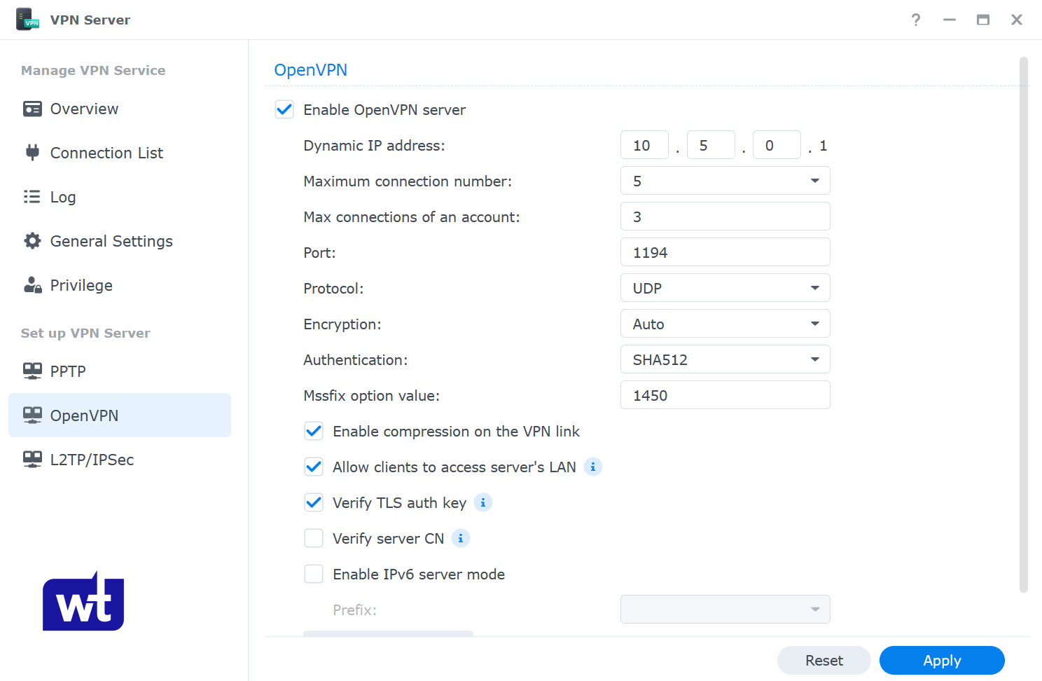 OpenVPN server configuration screen on a Synology NAS showing IP range and maximum connections.