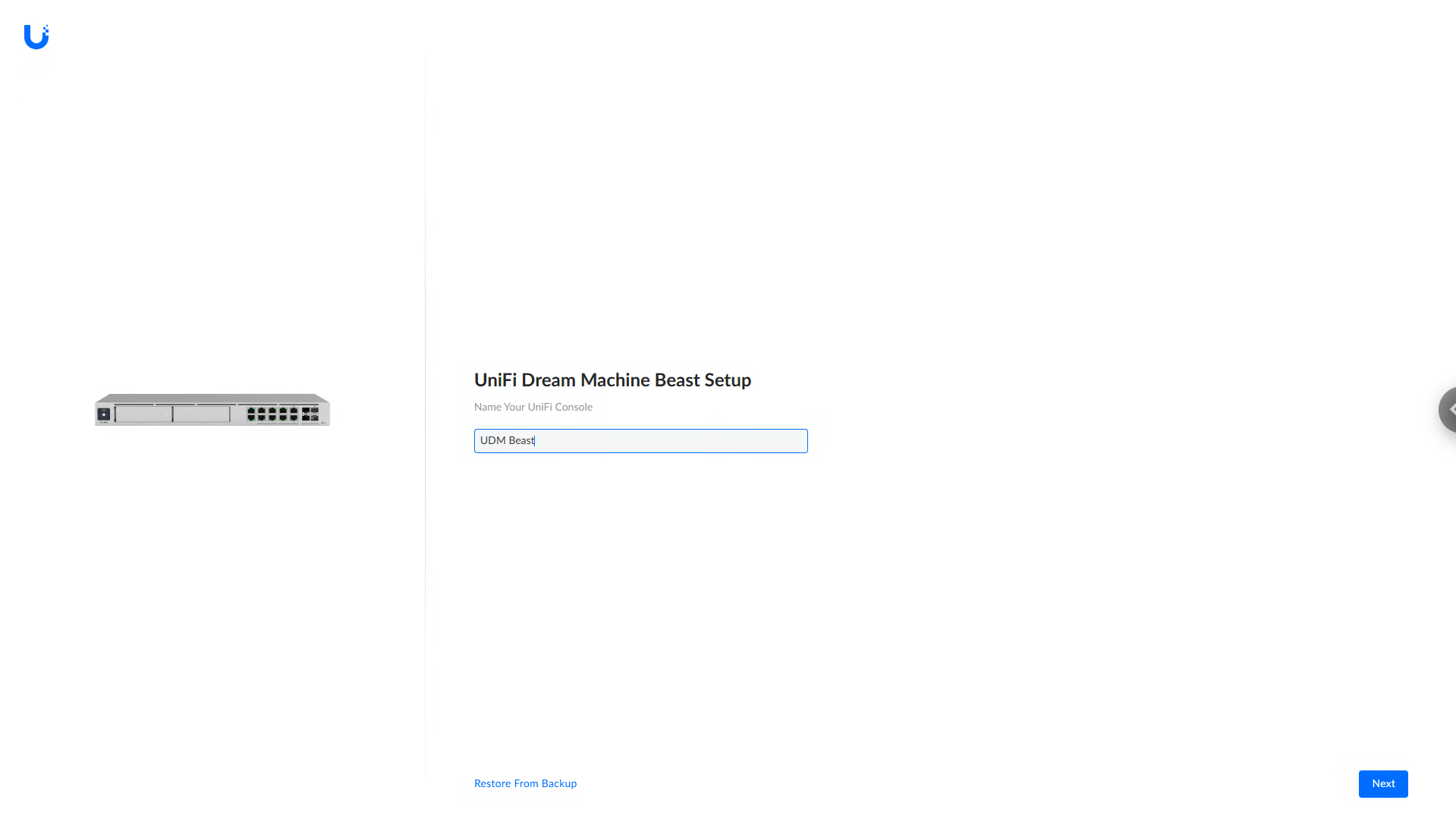 UniFi Dream Machine Beast setup UI displaying the backup restoration option during adoption.