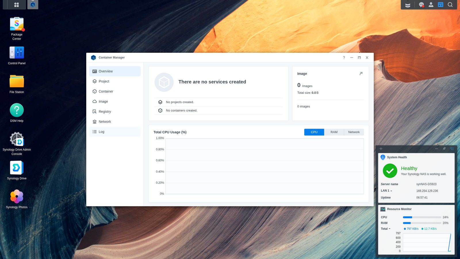 Container Manager on a Synology NAS showing the Overview, Project, Container, Image, Registry, Network and Log tabs