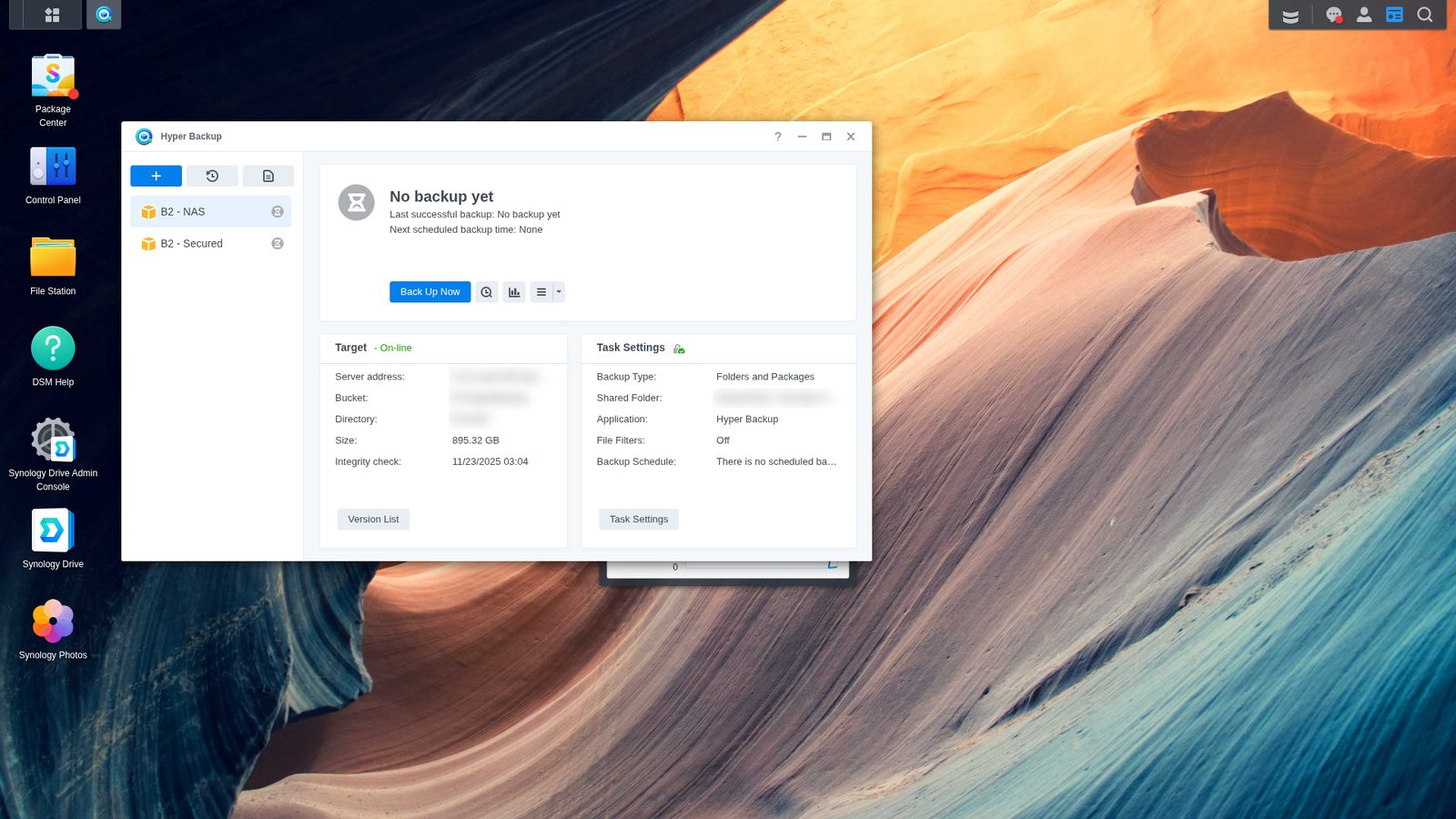 Synology Hyper Backup task with a Backblaze B2 cloud target, encryption enabled and a Version List button