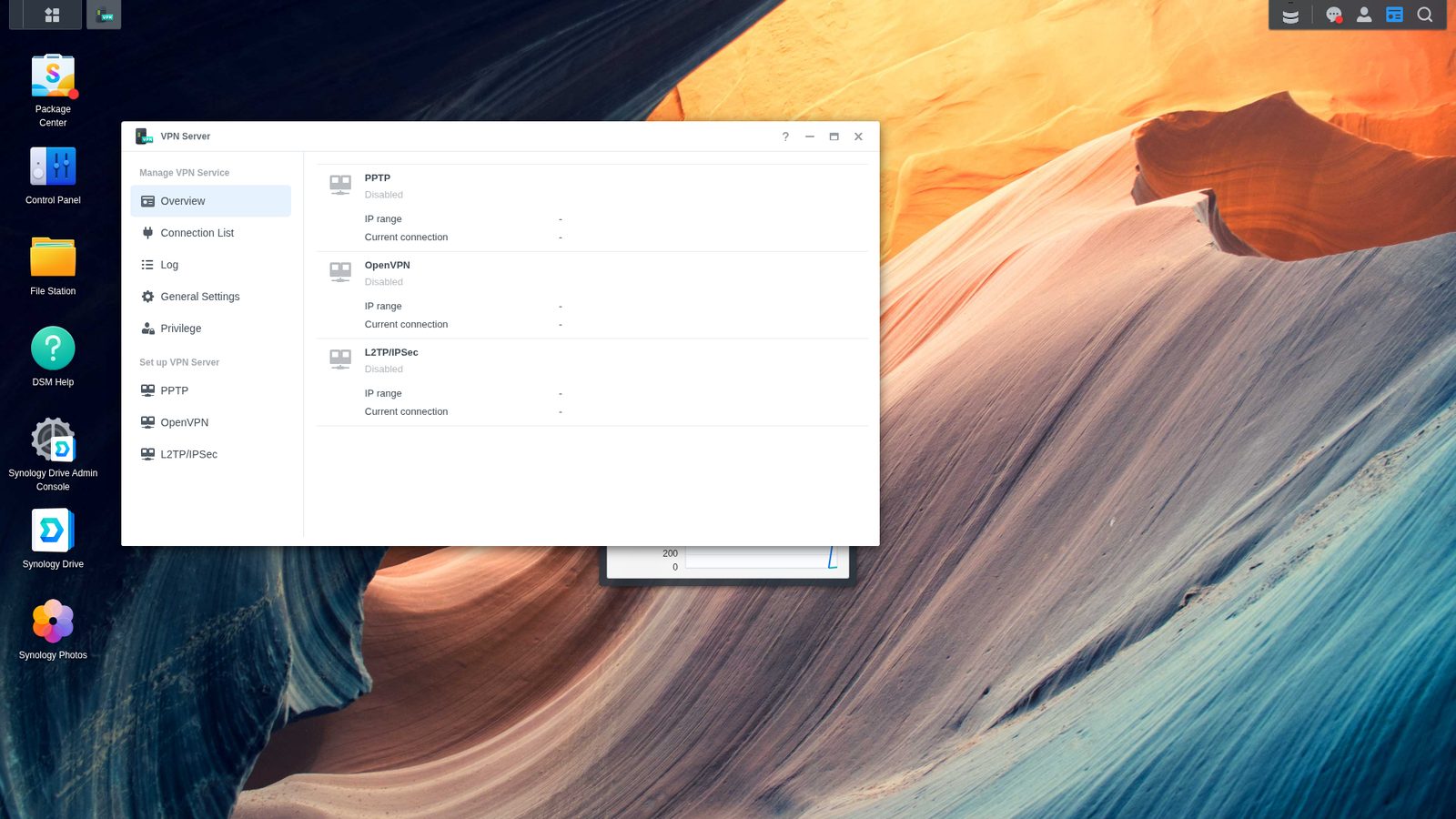 Synology VPN Server package listing only PPTP, OpenVPN and L2TP/IPSec, with no WireGuard option