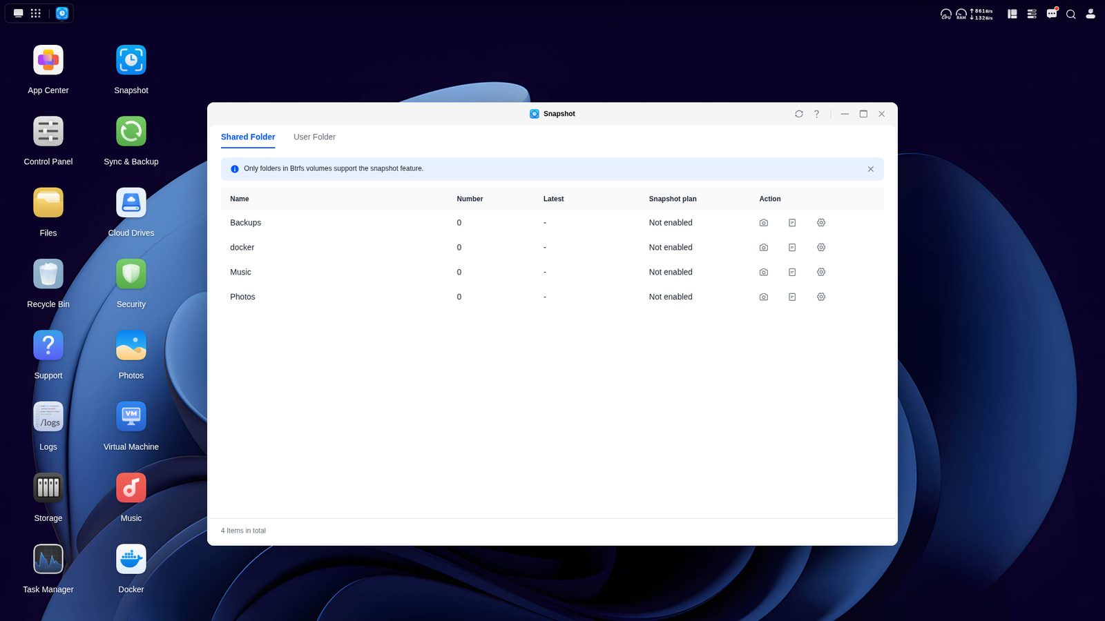 UGOS Snapshot app listing shared folders, with a notice that only Btrfs volumes support snapshots