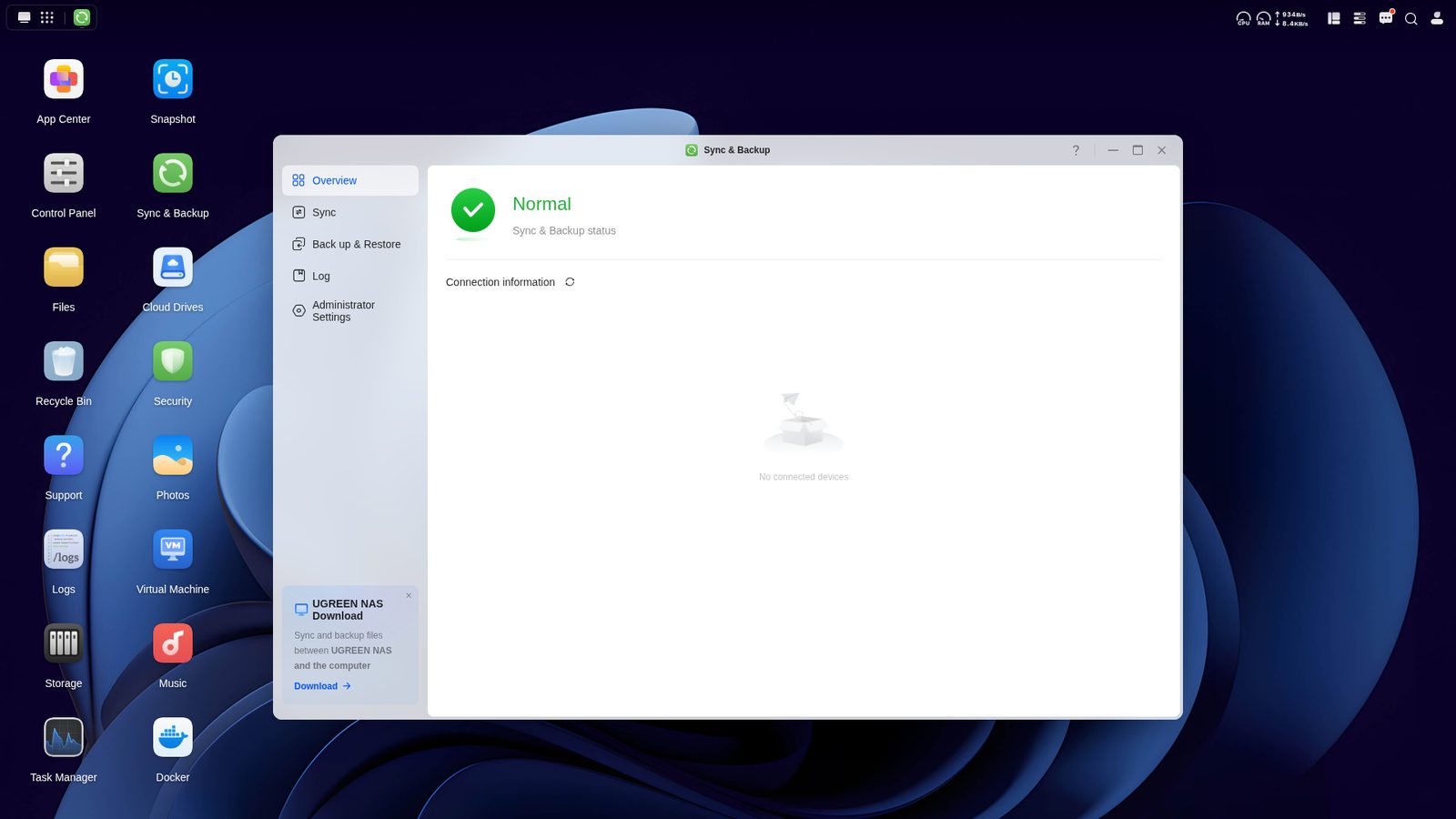 UGOS Pro Sync and Backup app showing Sync and Back up and Restore as separate tabs